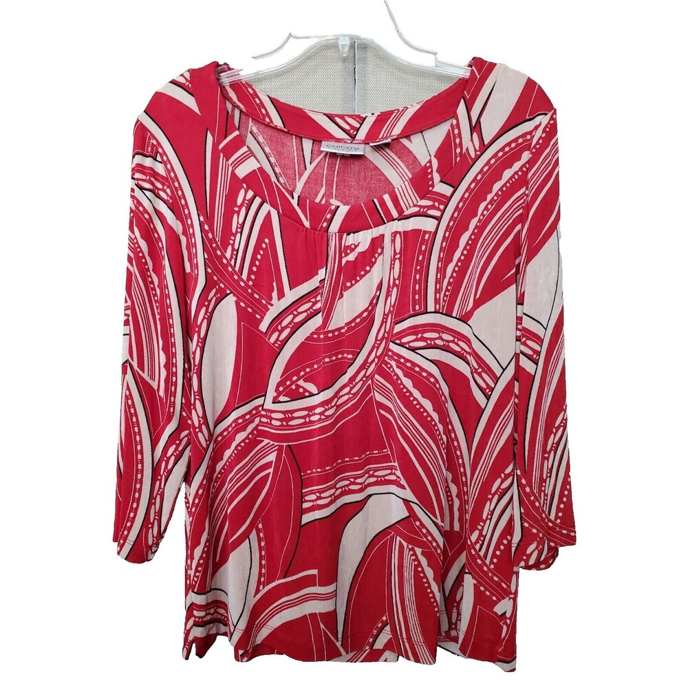 Chico's Travelers Slinky Knit Red/Tan Scoop Neck Abstract Print Blouse Size 2(L)